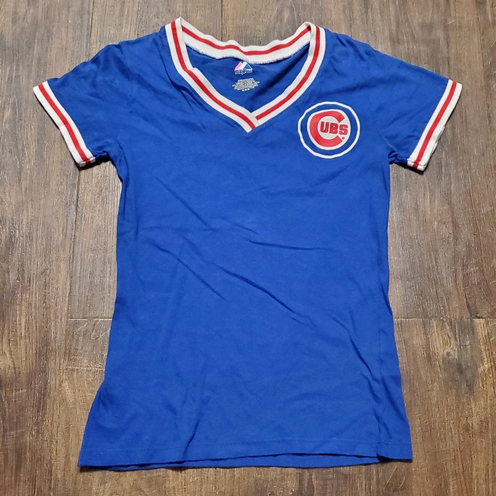 Majestic Vintage Blue MLB Chicago Cubs Baseball Tshirt 100% Cotton Singl…